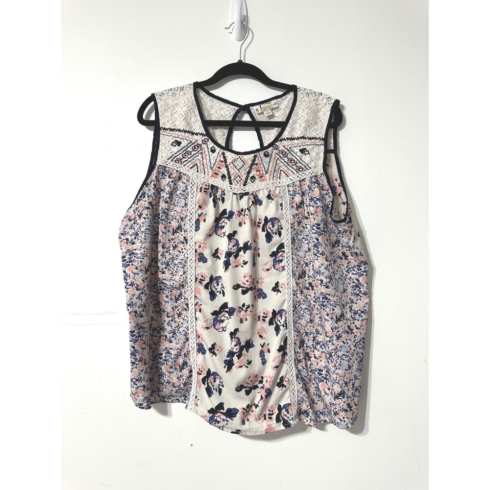 Tanzara Blouse Womens 1X Multicolor Floral Lace Boho Sleeveless Top RN 81492